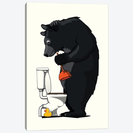 Black Bear Using Toilet Canvas Print #WYD209} by WyattDesign Canvas Artwork