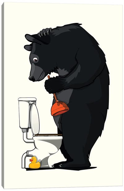 Black Bear Using Toilet Canvas Art Print - Bear Art