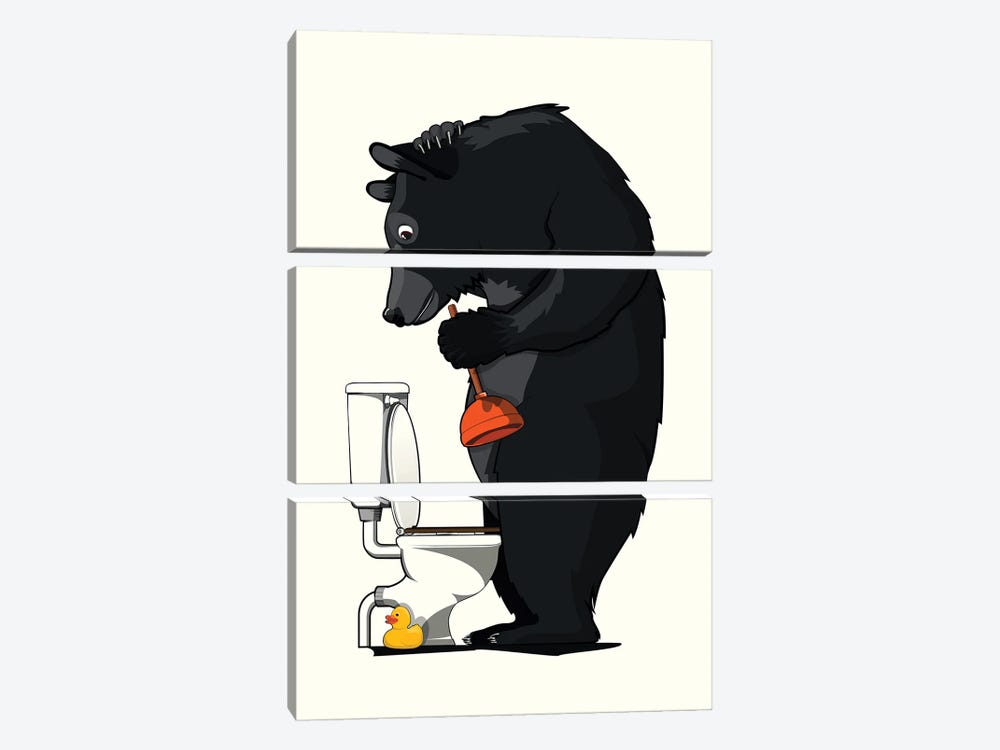 Black Bear Using Toilet by WyattDesign 3-piece Canvas Wall Art