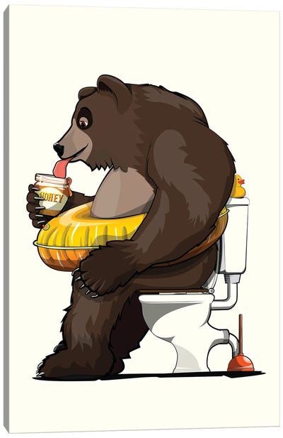 Brown Bear On The Toilet Canvas Art Print - Brown Bear Art
