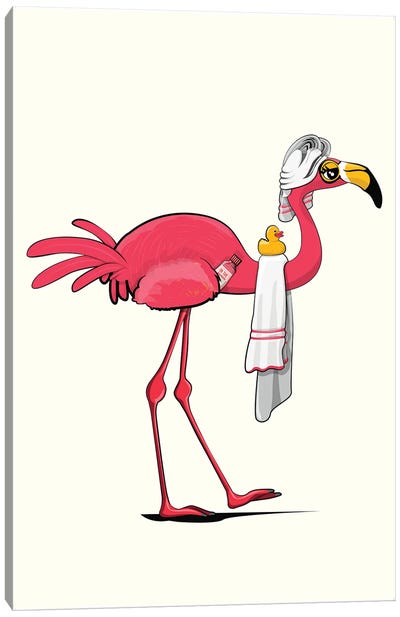 Flamingo Taking A Shower Canvas Art Print - Kids Bathroom Art