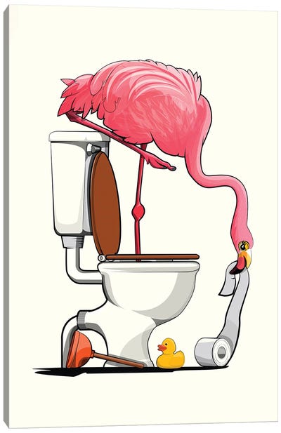 Flamingo Standing In The Toilet Canvas Art Print - WyattDesign