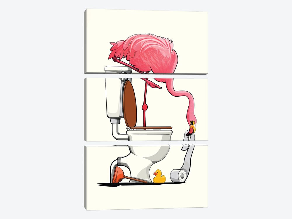 Flamingo Standing In The Toilet by WyattDesign 3-piece Canvas Wall Art