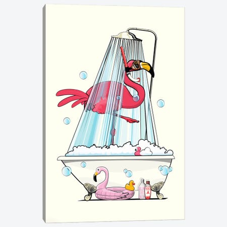 Flamingo In The Shower Canvas Print #WYD219} by WyattDesign Art Print
