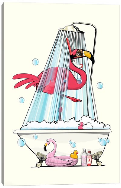 Flamingo In The Shower Canvas Art Print - Kids Bathroom Art