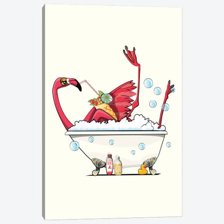 Flamingo In The Bath, Having A Drink Canvas Print #WYD220} by WyattDesign Canvas Artwork