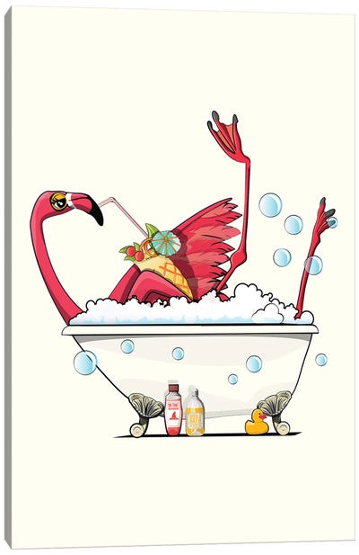 Flamingo In The Bath, Having A Drink Canvas Art Print - WyattDesign