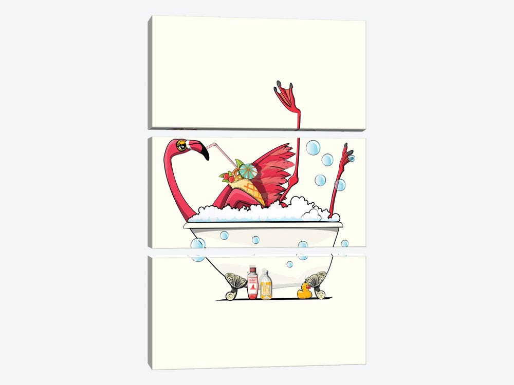Flamingo In The Bath, Having A Drink by WyattDesign 3-piece Canvas Art Print