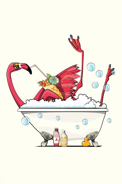Bathroom Humor: Flamingo In The Bath, Having A Drink by WyattDesign
