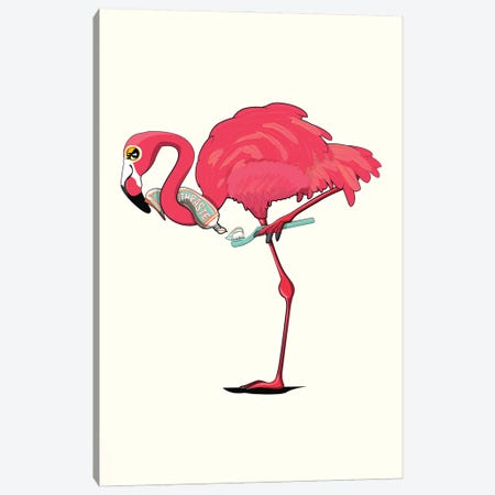 Flamingo Cleaning Teeth Canvas Print #WYD222} by WyattDesign Canvas Artwork