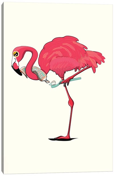 Flamingo Cleaning Teeth Canvas Art Print - Flamingo Art