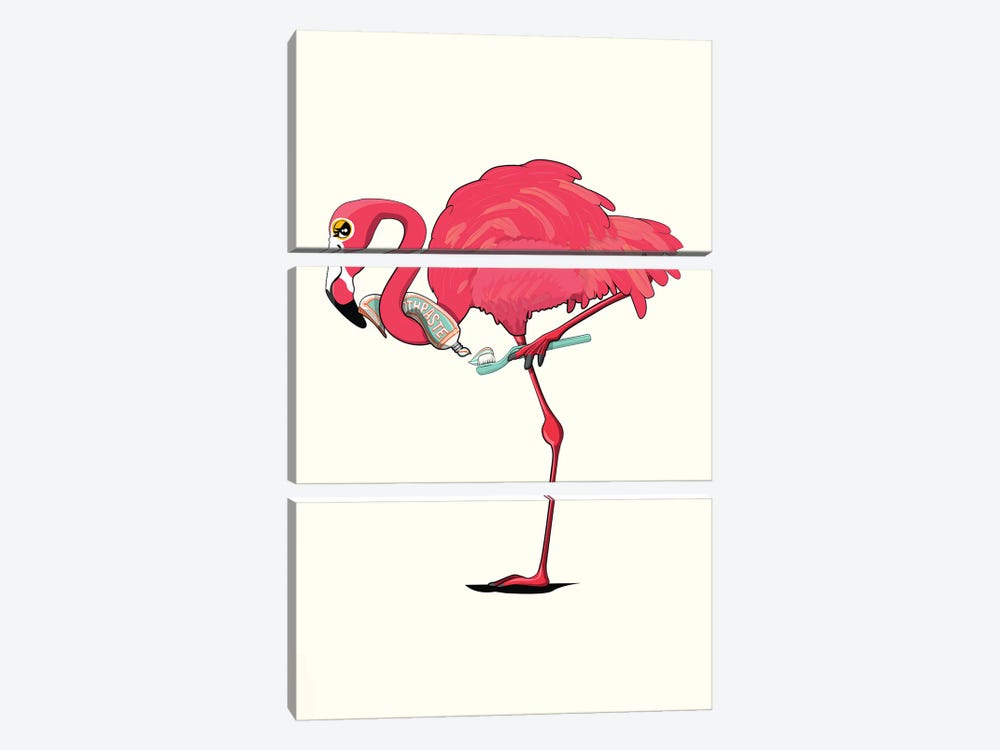 Flamingo Cleaning Teeth by WyattDesign 3-piece Canvas Art Print