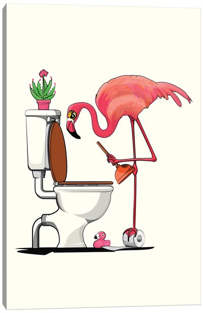 Flamingo Using Toilet, Toilet Humor Canvas Art Print - Bathroom Humor Art
