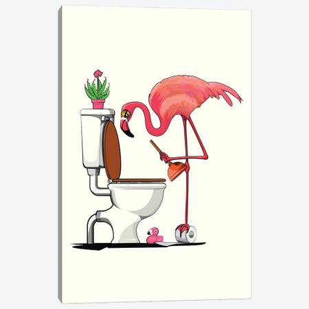 Flamingo Using Toilet, Toilet Humor Canvas Print #WYD223} by WyattDesign Canvas Art