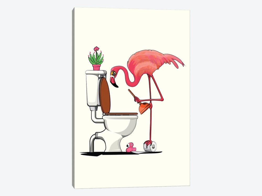 Flamingo Using Toilet, Toilet Humor by WyattDesign 1-piece Canvas Wall Art