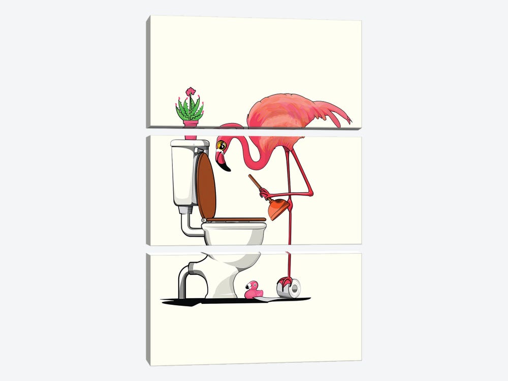 Flamingo Using Toilet, Toilet Humor by WyattDesign 3-piece Canvas Art