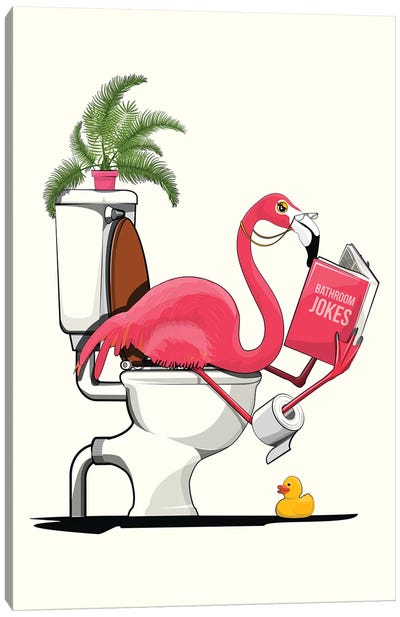 Flamingo Sitting On The Toilet Canvas Art Print - Kids Bathroom Art
