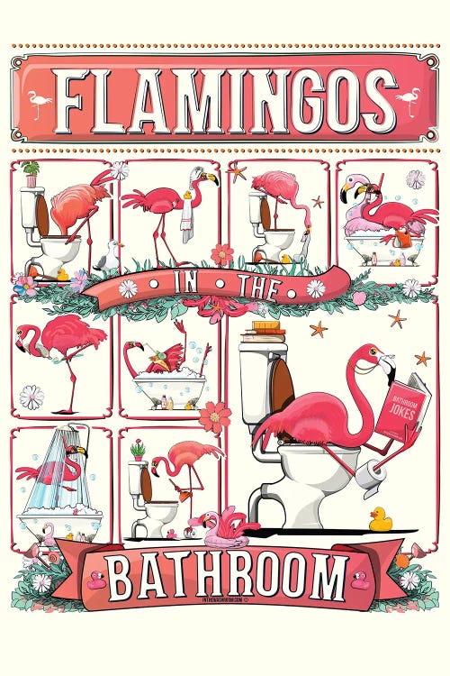 Flamingos In The Bathroom by WyattDesign wall art