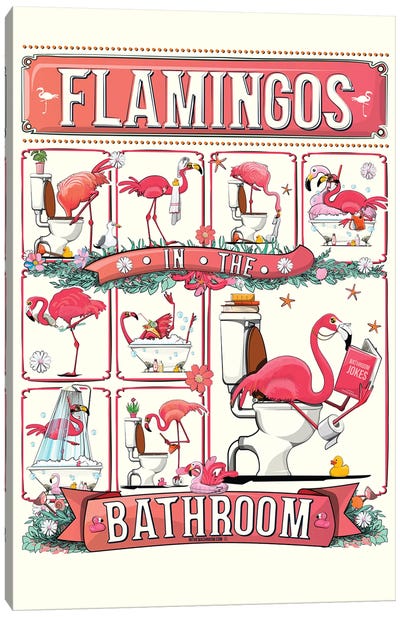 Flamingos In The Bathroom Canvas Art Print - Flamingo Art