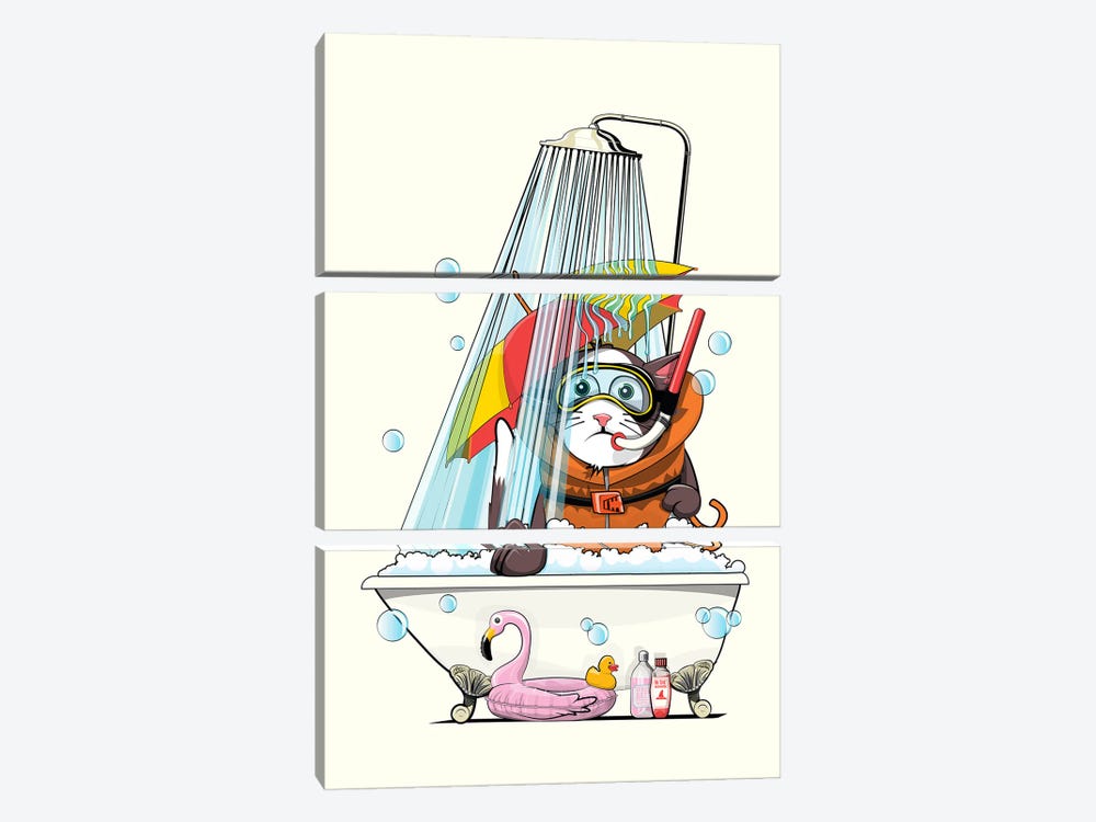 Cat In The Shower by WyattDesign 3-piece Canvas Print