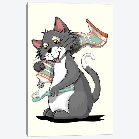Cat Brushing Teeth Canvas Print #WYD232} by WyattDesign Canvas Print
