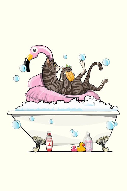 Cat In The Bath On Inflatable Flamingo