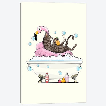 Cat In The Bath On Inflatable Flamingo Canvas Print #WYD233} by WyattDesign Art Print