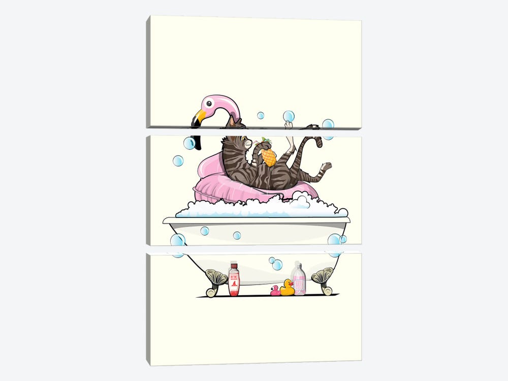 Cat In The Bath On Inflatable Flamingo by WyattDesign 3-piece Canvas Print