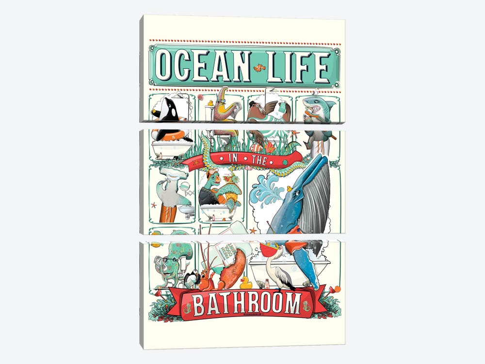 Ocean Sea Life In The Bathroom by WyattDesign 3-piece Canvas Artwork