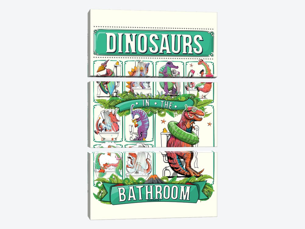 Dinosaur In The Bathroom by WyattDesign 3-piece Canvas Art Print