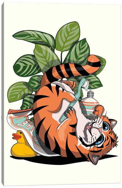 Tiger Cleaning Teeth In The Bathroom Canvas Art Print - WyattDesign