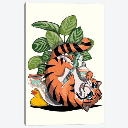 Tiger Cleaning Teeth In The Bathroom Canvas Print #WYD242} by WyattDesign Canvas Artwork