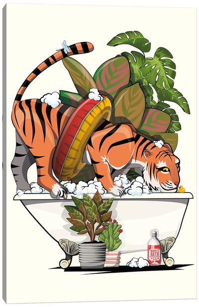 Tiger On Bath, In The Bathroom Canvas Art Print - WyattDesign