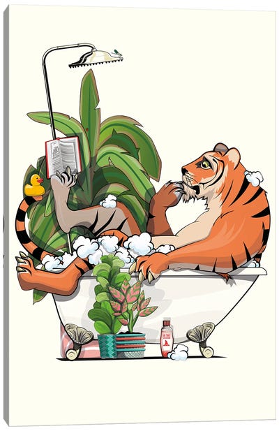 Tiger Reading A Book In The Bath Canvas Art Print - WyattDesign