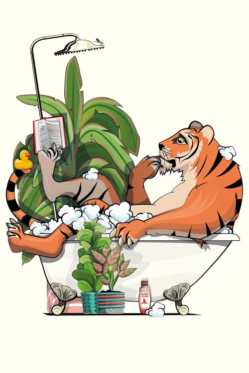 Tiger Reading A Book In The Bath