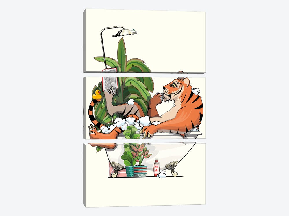 Tiger Reading A Book In The Bath by WyattDesign 3-piece Canvas Art