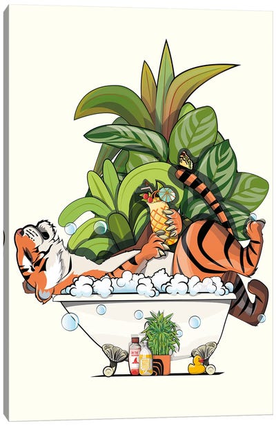 Tiger Relaxing In The Bath Canvas Art Print - Bathroom Humor Art