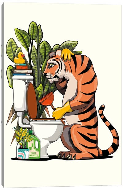 Tiger Cleaning The Toilet Canvas Art Print - WyattDesign
