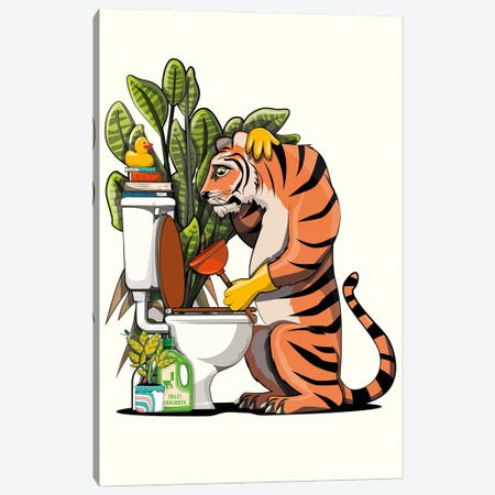 Tiger Cleaning The Toilet Canvas Print #WYD247} by WyattDesign Canvas Print