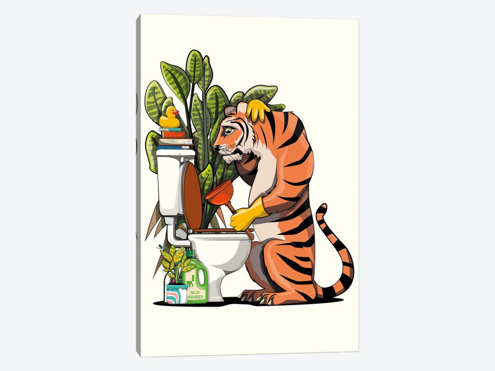 Tiger Cleaning The Toilet by WyattDesign 1-piece Canvas Wall Art