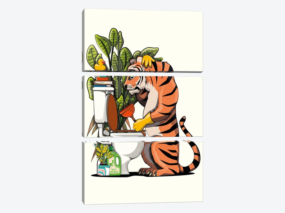 Tiger Cleaning The Toilet by WyattDesign 3-piece Canvas Art
