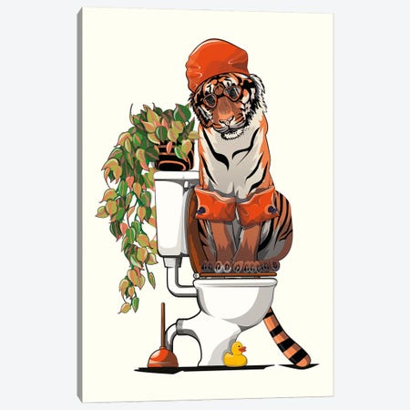 Tiger Using The Toilet Canvas Print #WYD249} by WyattDesign Canvas Artwork