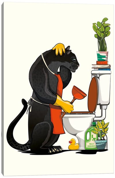 Black Leopard Cleaning The Toilet Canvas Art Print - Leopard Art