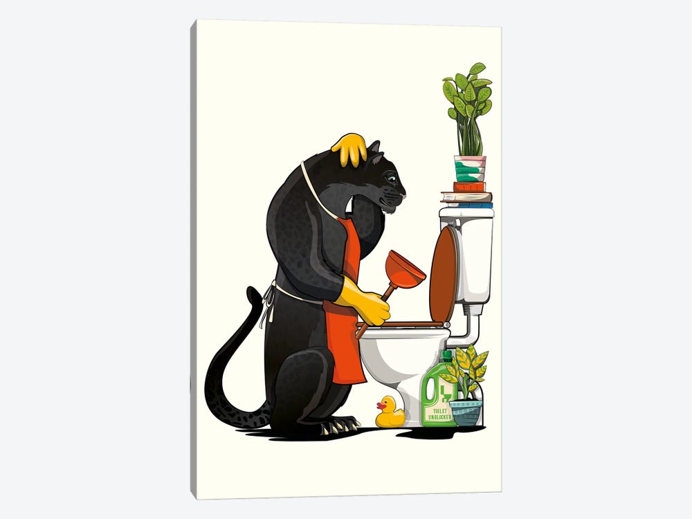 Black Leopard Cleaning The Toilet by WyattDesign 1-piece Canvas Wall Art