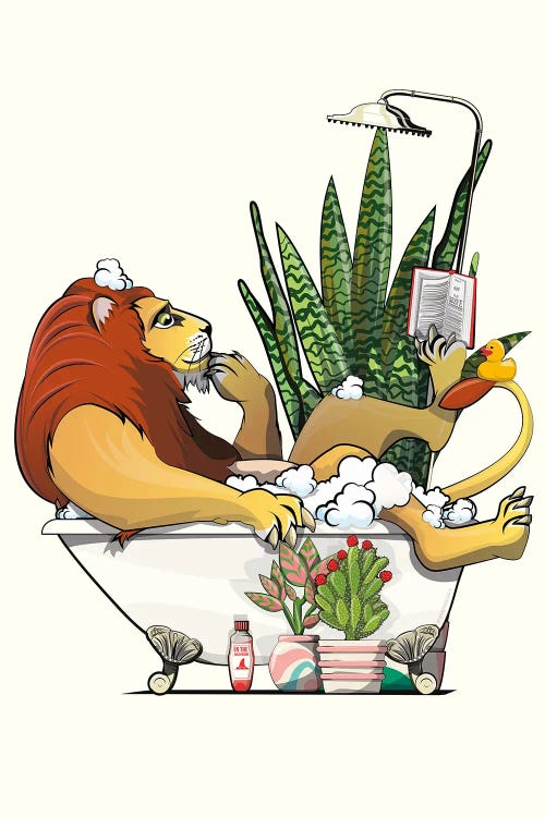 Lion Reading In The Bath