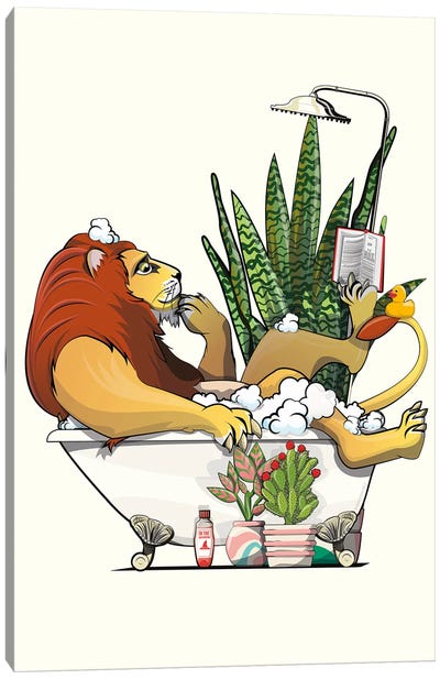 Lion Reading In The Bath Canvas Art Print - WyattDesign