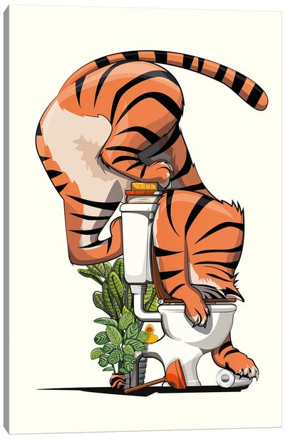 Tiger Drinking From Toilet Canvas Art Print - WyattDesign