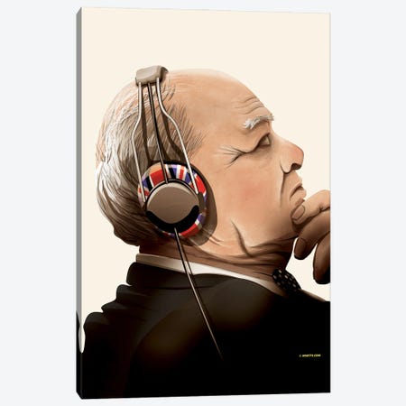 Winston Churchill Listening To Music On Headphones Canvas Print #WYD25} by WyattDesign Canvas Art Print