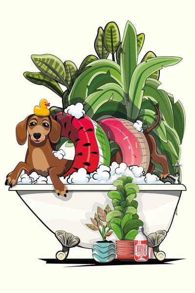 Sausage Dog, Dachshund In The Bathtub by WyattDesign metal wall art