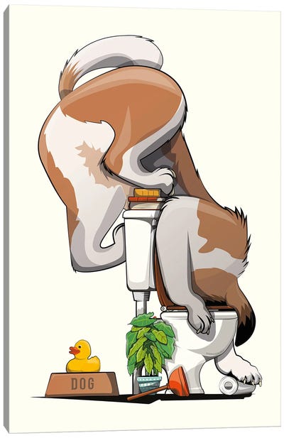 St Bernard Dog Drinking From Toilet Canvas Art Print - WyattDesign